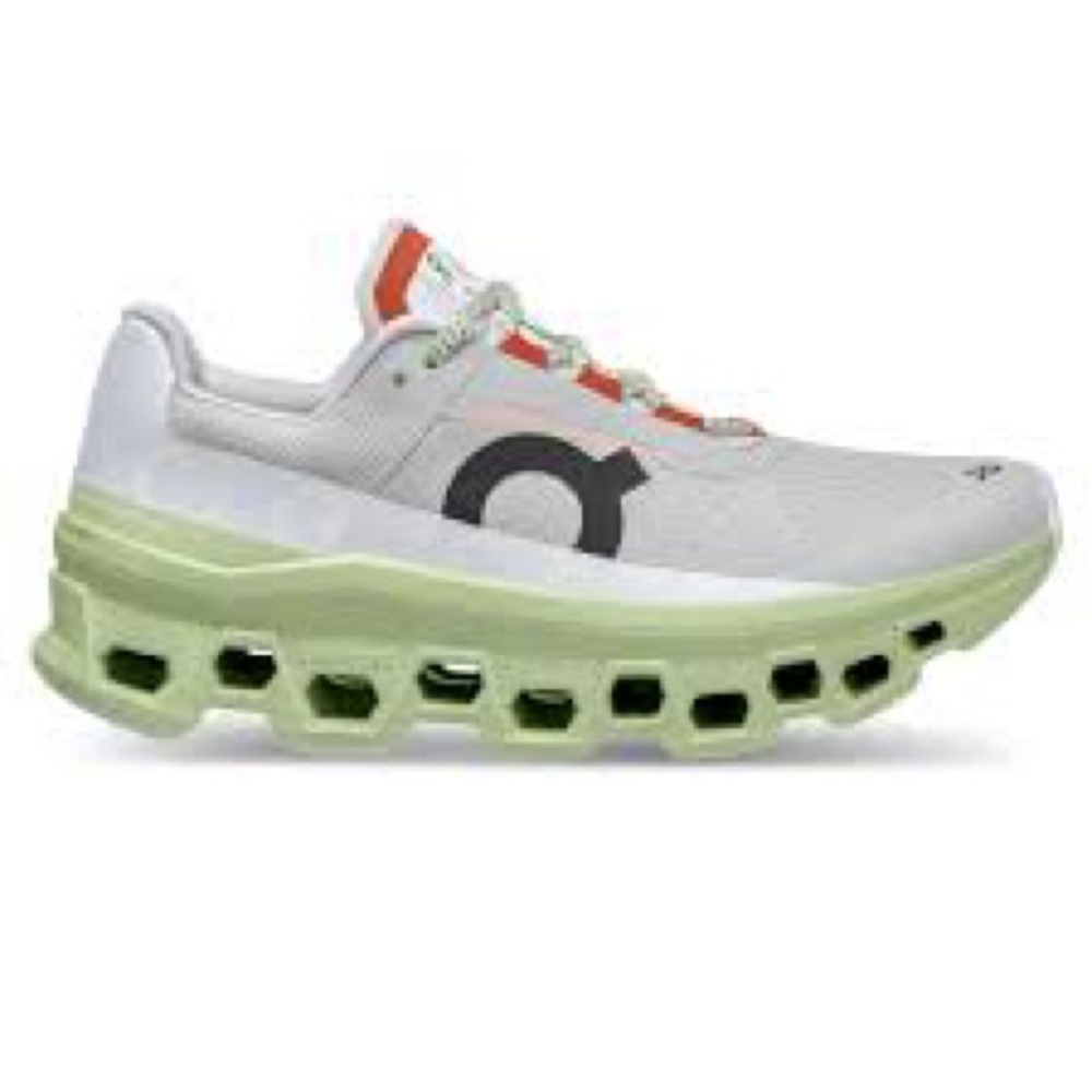 On Running White Athletic Shoe with Lime Green Sole and Orange Accents